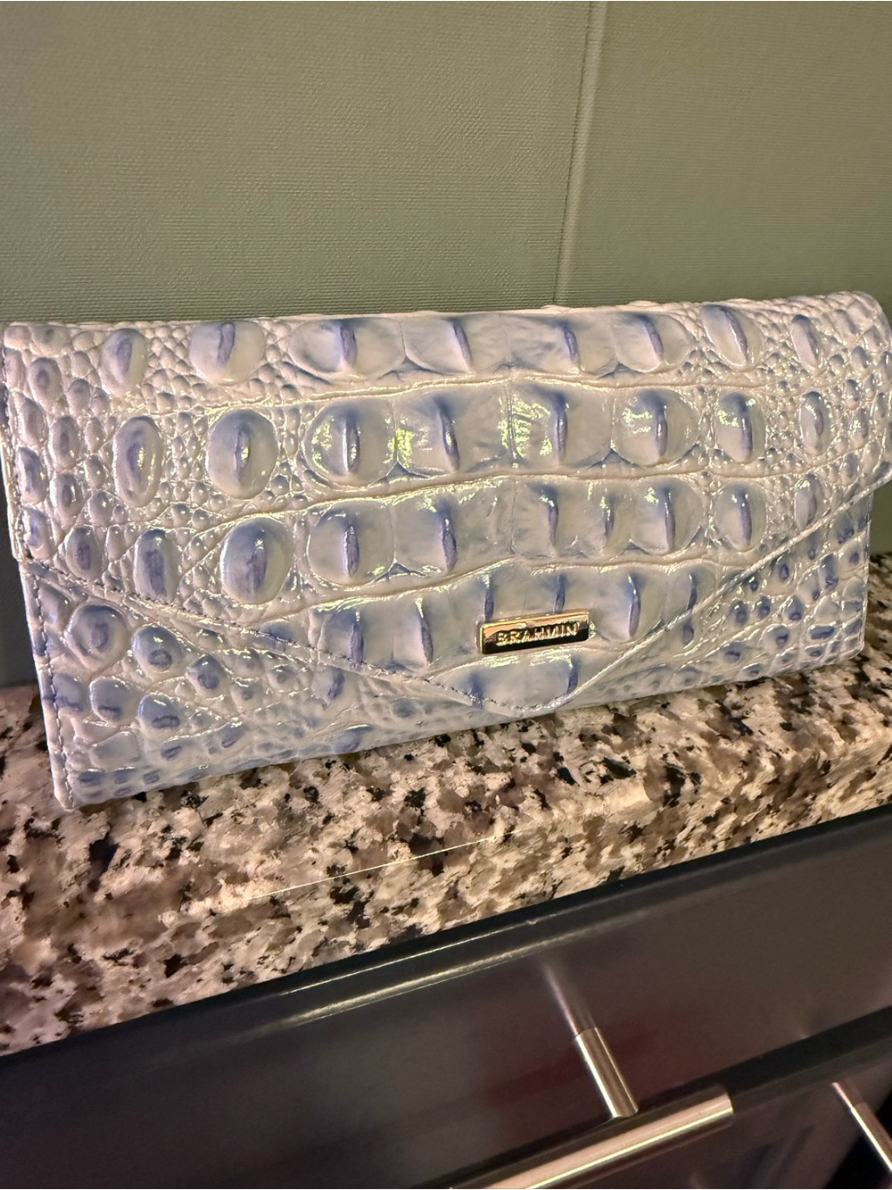 Brahmin Iridescent Croc-Embossed Leather Wallet Baby Blue